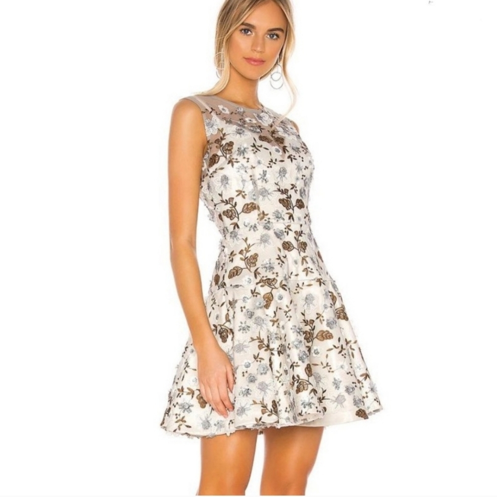 Bronx and Banco White Floral Mini Dress with Brown and Blue Embroidery